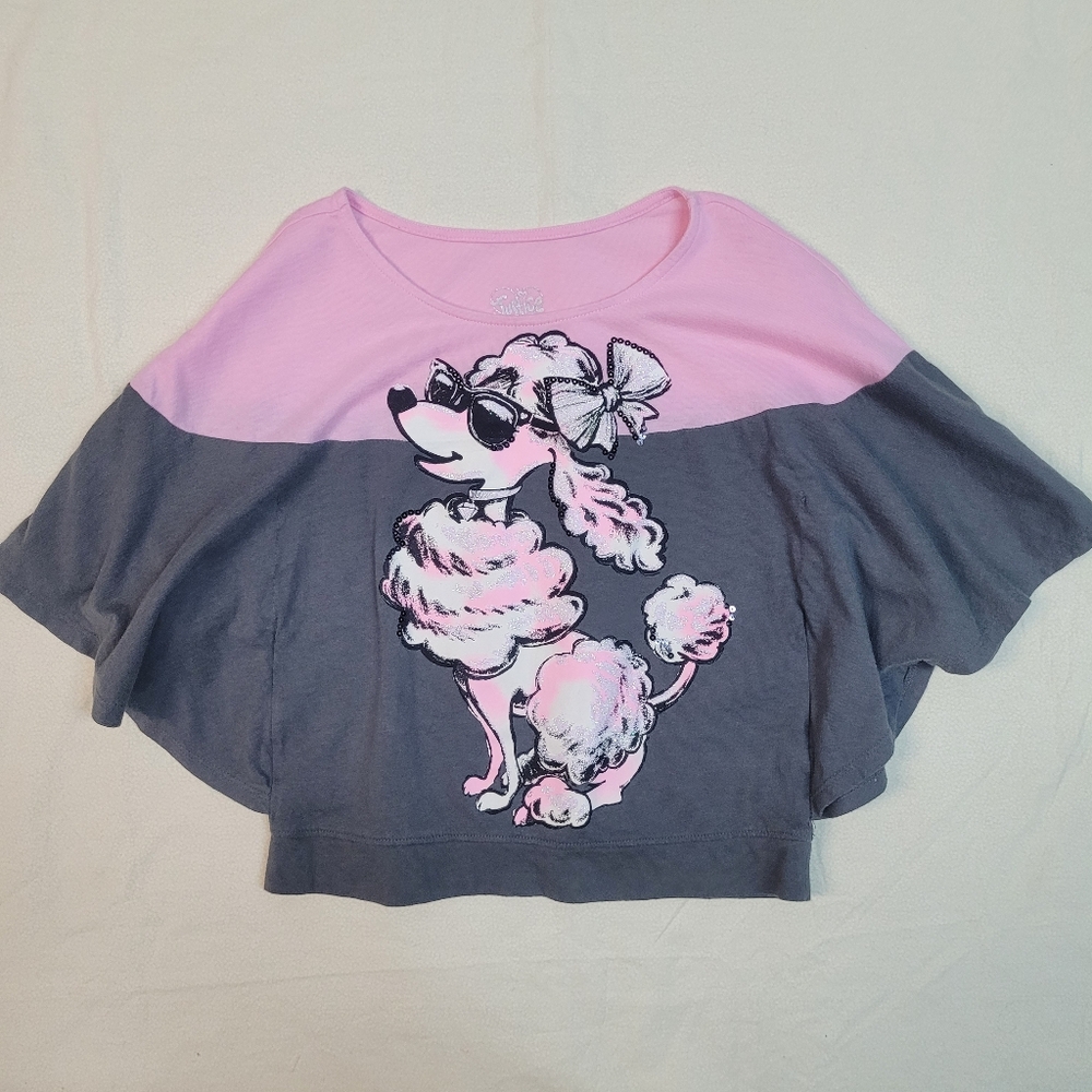 Justice Stylish Shimmer Pink and Gray Batwing Kids Size 7 Dog Shirt